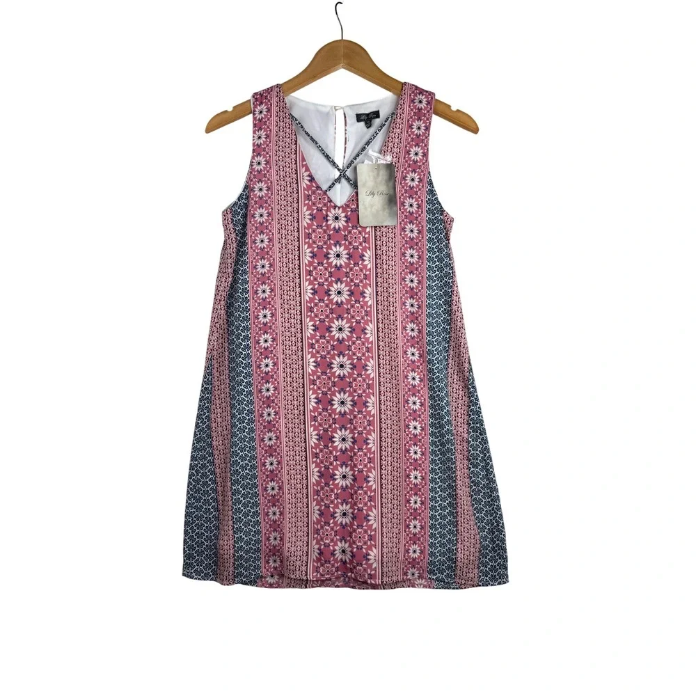 NWT Lily Rose Floral Print Sleeveless Shift Dress size XS Red/Blue
